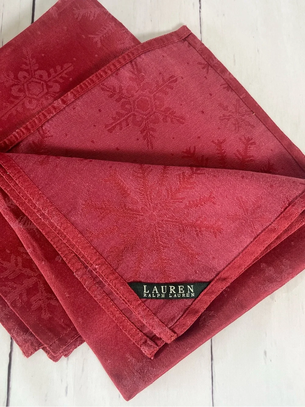 Lauren Ralph Lauren Holiday Napkins Set of 4 Burgundy Red Damask Snowflake